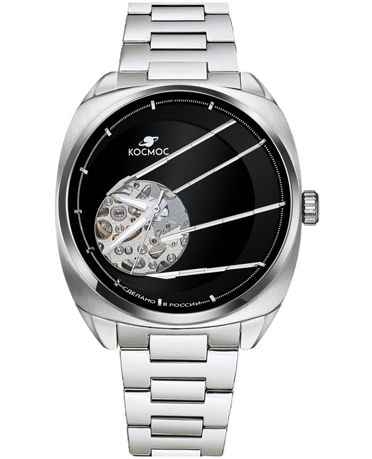 Космос Космос Спутник K 115.10.31  K 115.10.31 механические мужские часы черный циферблат, браслет нержавеющая сталь 316l — вид спереди